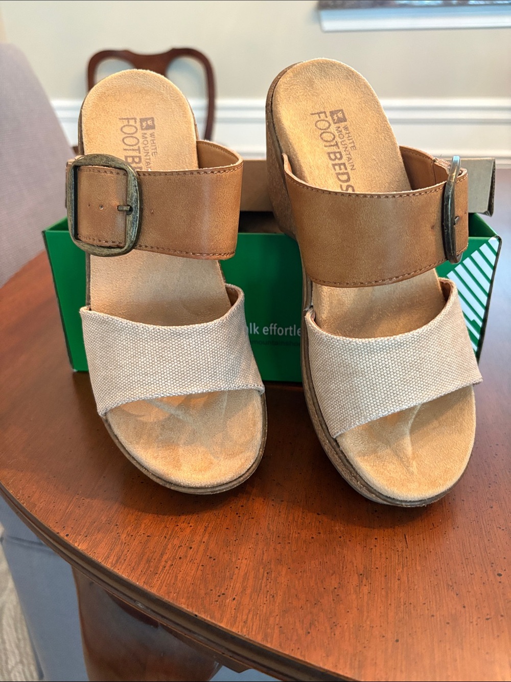 White Mountain Tan and Cream Wedge Sandals with Buckle